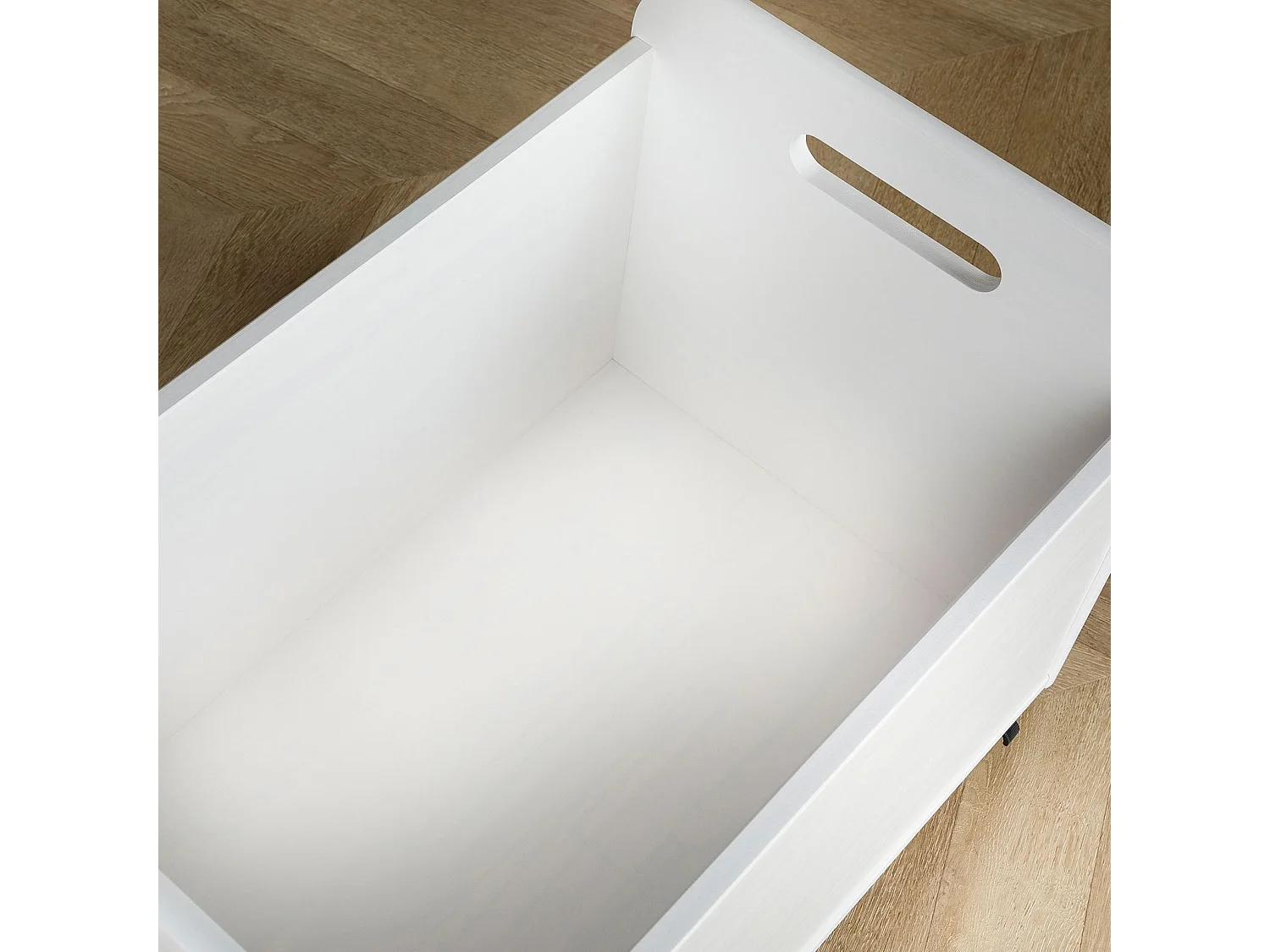 Coffre à jouets BENJAMIN sur roulettes 60 x 43 x 40 cm en bois pour chambre d'enfant, Rangement Montessori jouets et peluches, Blanc