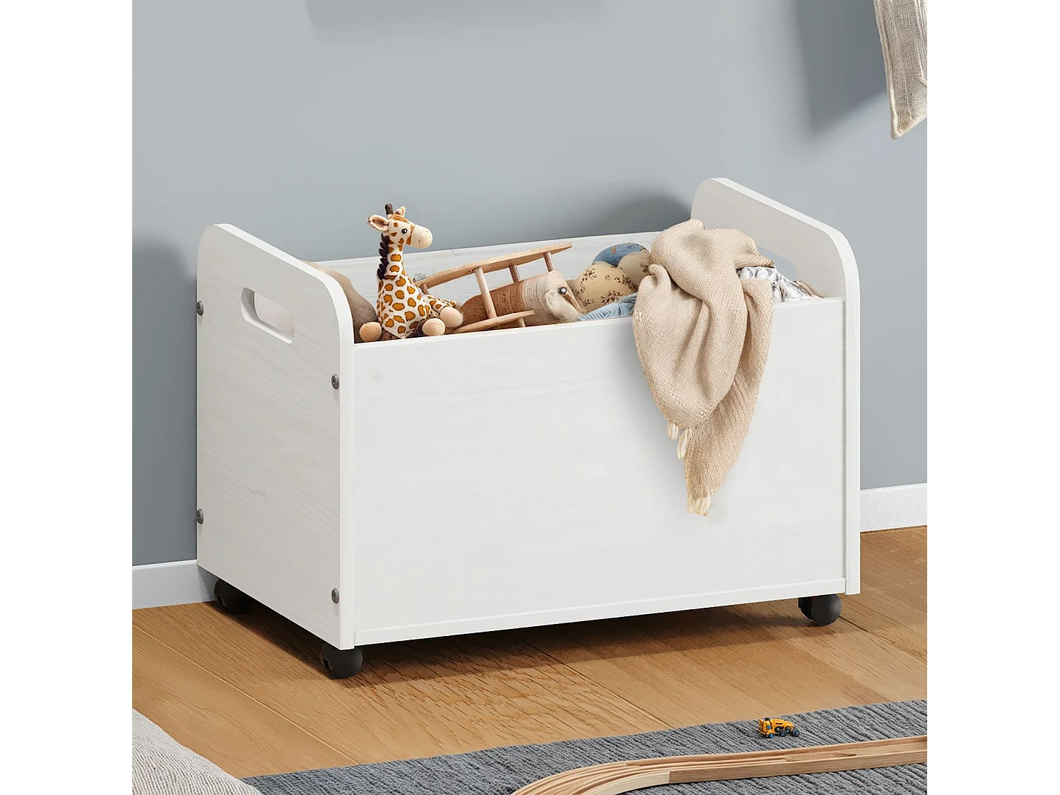 Coffre à jouets BENJAMIN sur roulettes 60 x 43 x 40 cm en bois pour chambre d'enfant, Rangement Montessori jouets et peluches, Blanc
