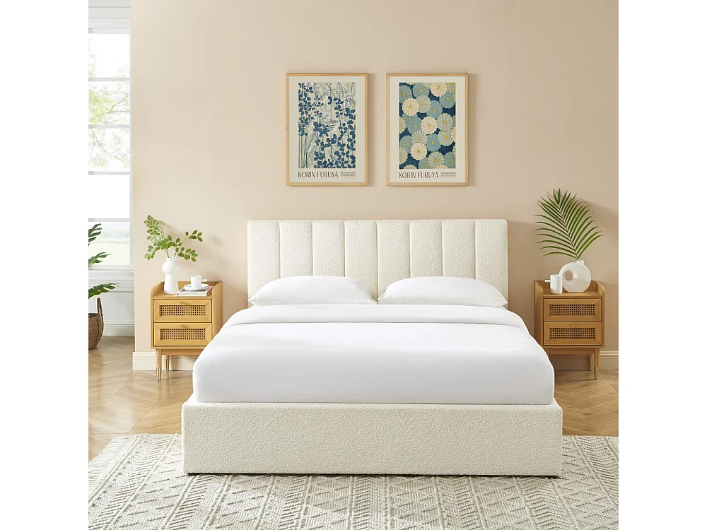 Billie - Lit coffre en tissu bouclette 160x200cm - Écru