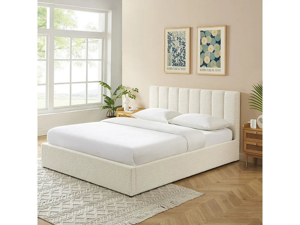 Billie - Lit coffre en tissu bouclette 160x200cm - Écru