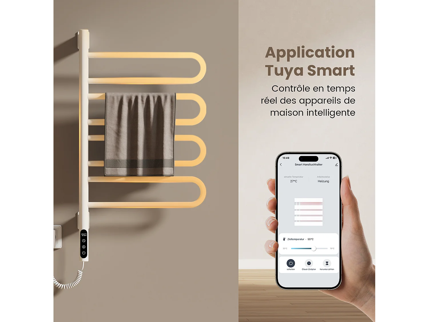 EMKE Chauffe-serviettes Électrique 78×43cm, Thermostat Intelligent WiFi, Radiateur Électrique pour Salle de Bain, Chauffe-serviettes Électrique, Blanc
