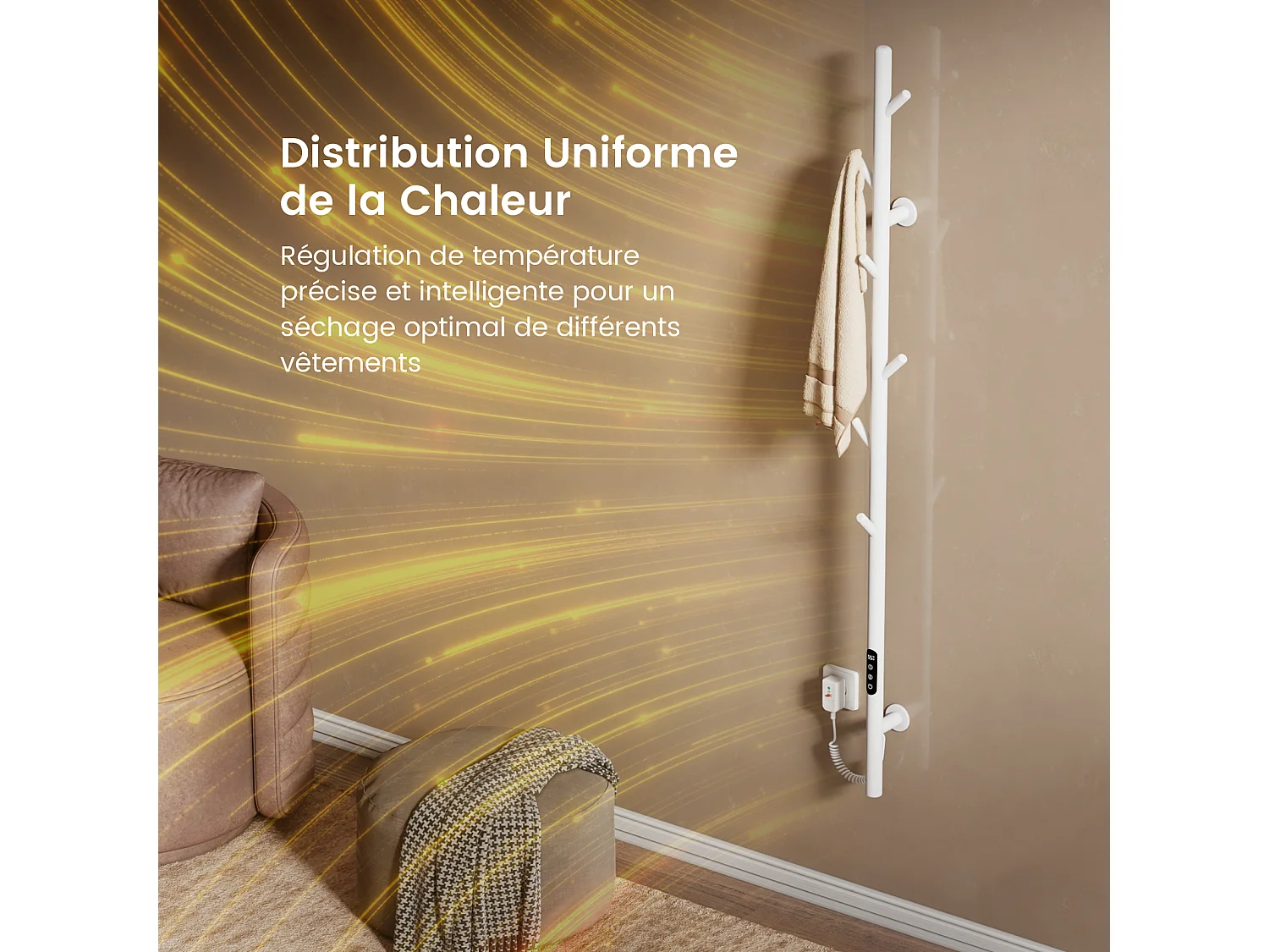EMKE Chauffe-serviettes Électrique, thermostat intelligent WiFi, sèche-serviettes électrique, barre unique, 150 cm de hauteur, Blanc