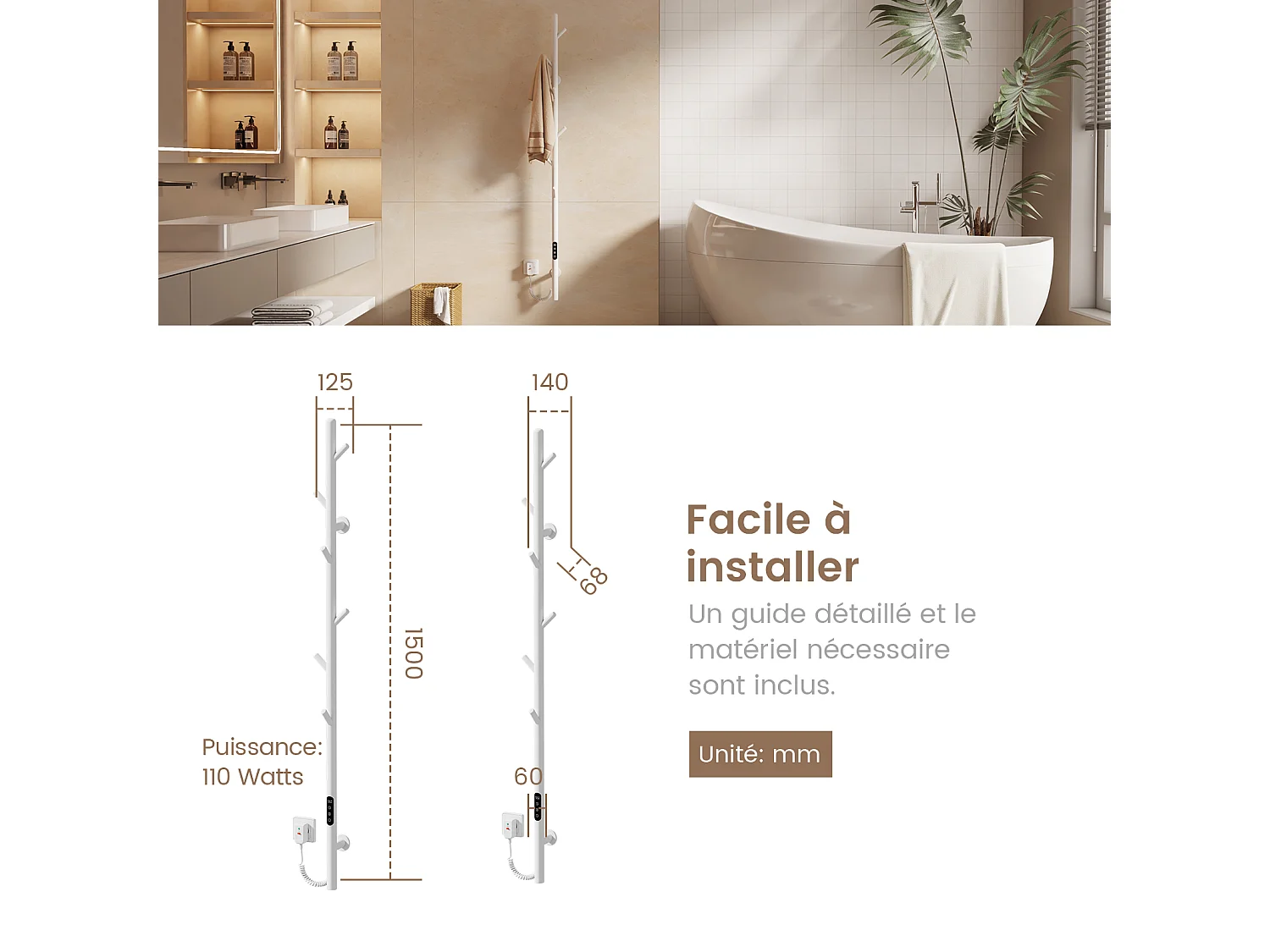 EMKE Chauffe-serviettes Électrique, thermostat intelligent WiFi, sèche-serviettes électrique, barre unique, 150 cm de hauteur, Blanc