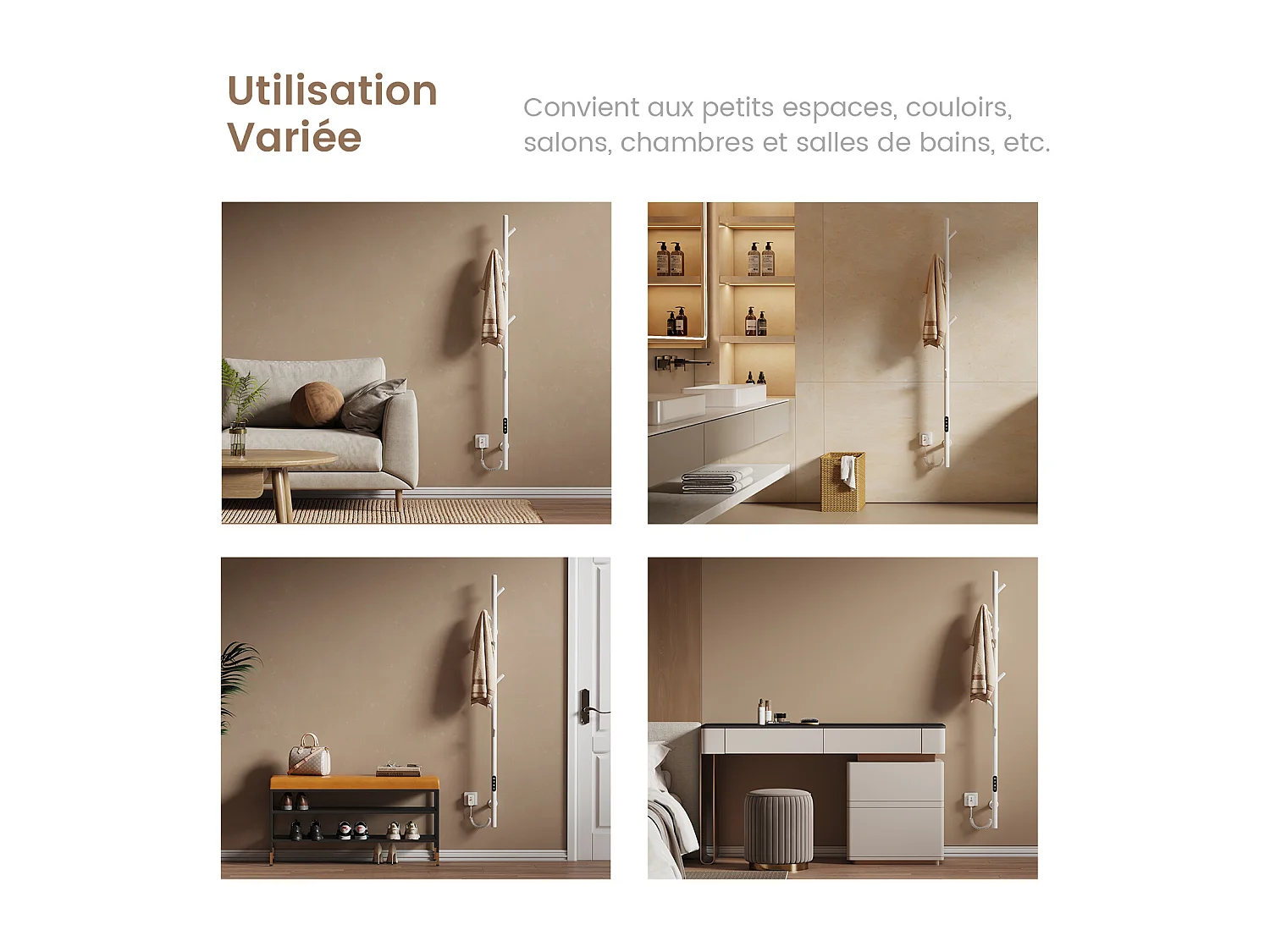 EMKE Chauffe-serviettes Électrique, thermostat intelligent WiFi, sèche-serviettes électrique, barre unique, 150 cm de hauteur, Blanc