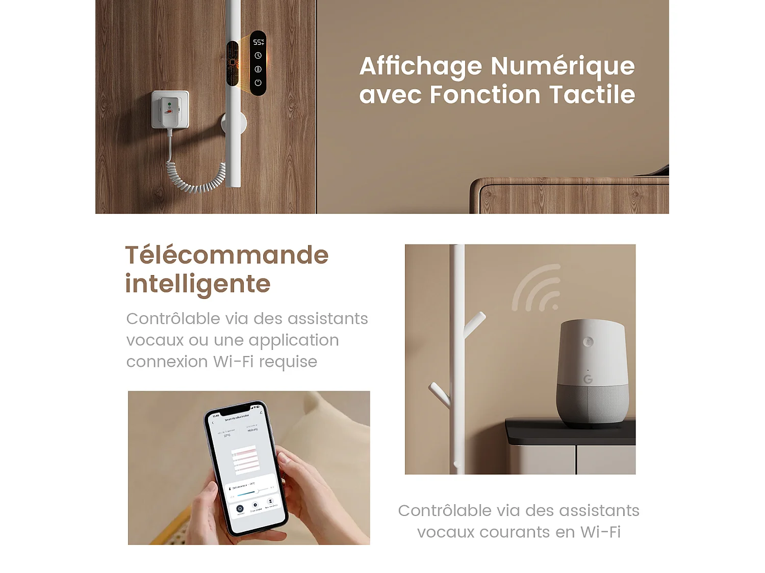 EMKE Chauffe-serviettes Électrique, thermostat intelligent WiFi, sèche-serviettes électrique, barre unique, 150 cm de hauteur, Blanc