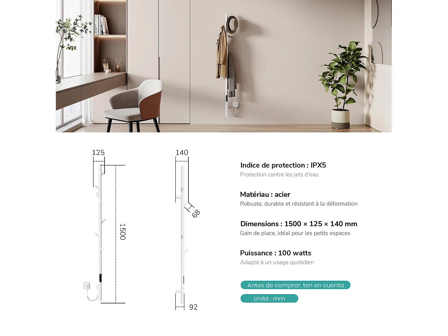 EMKE Chauffe-serviettes Électrique, thermostat intelligent WiFi, sèche-serviettes électrique, barre unique, 150 cm de hauteur, Blanc