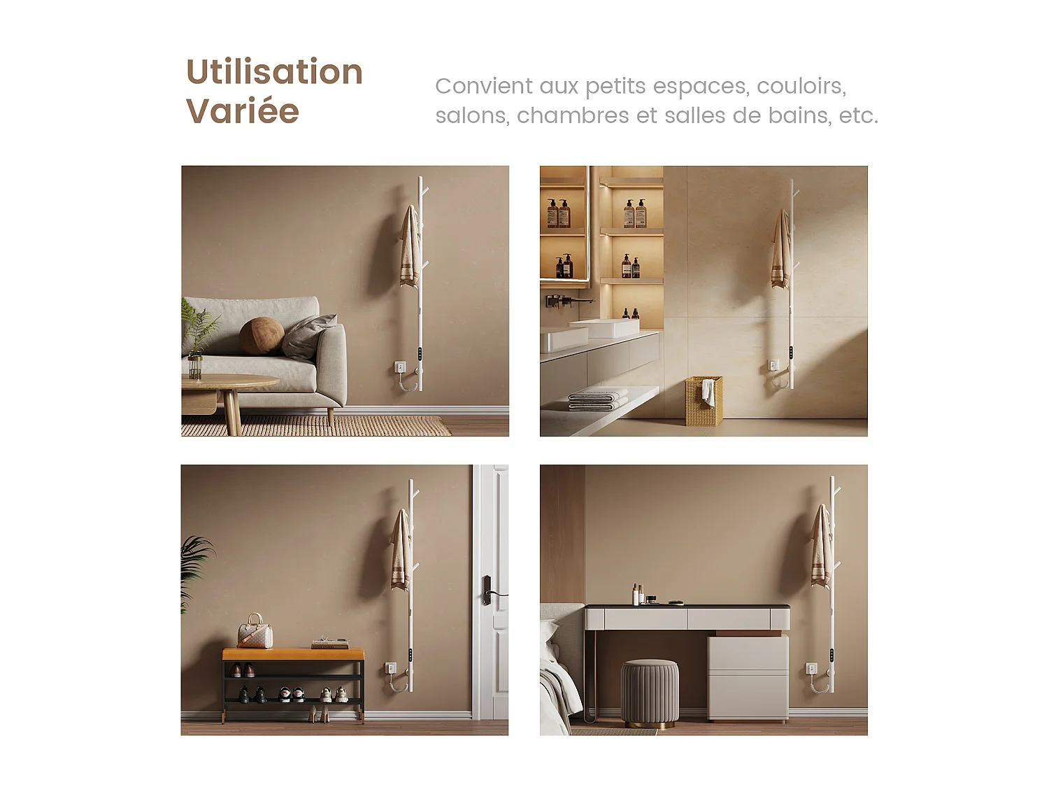 EMKE Chauffe-serviettes Électrique, thermostat intelligent WiFi, sèche-serviettes électrique, barre unique, 150 cm de hauteur, Blanc