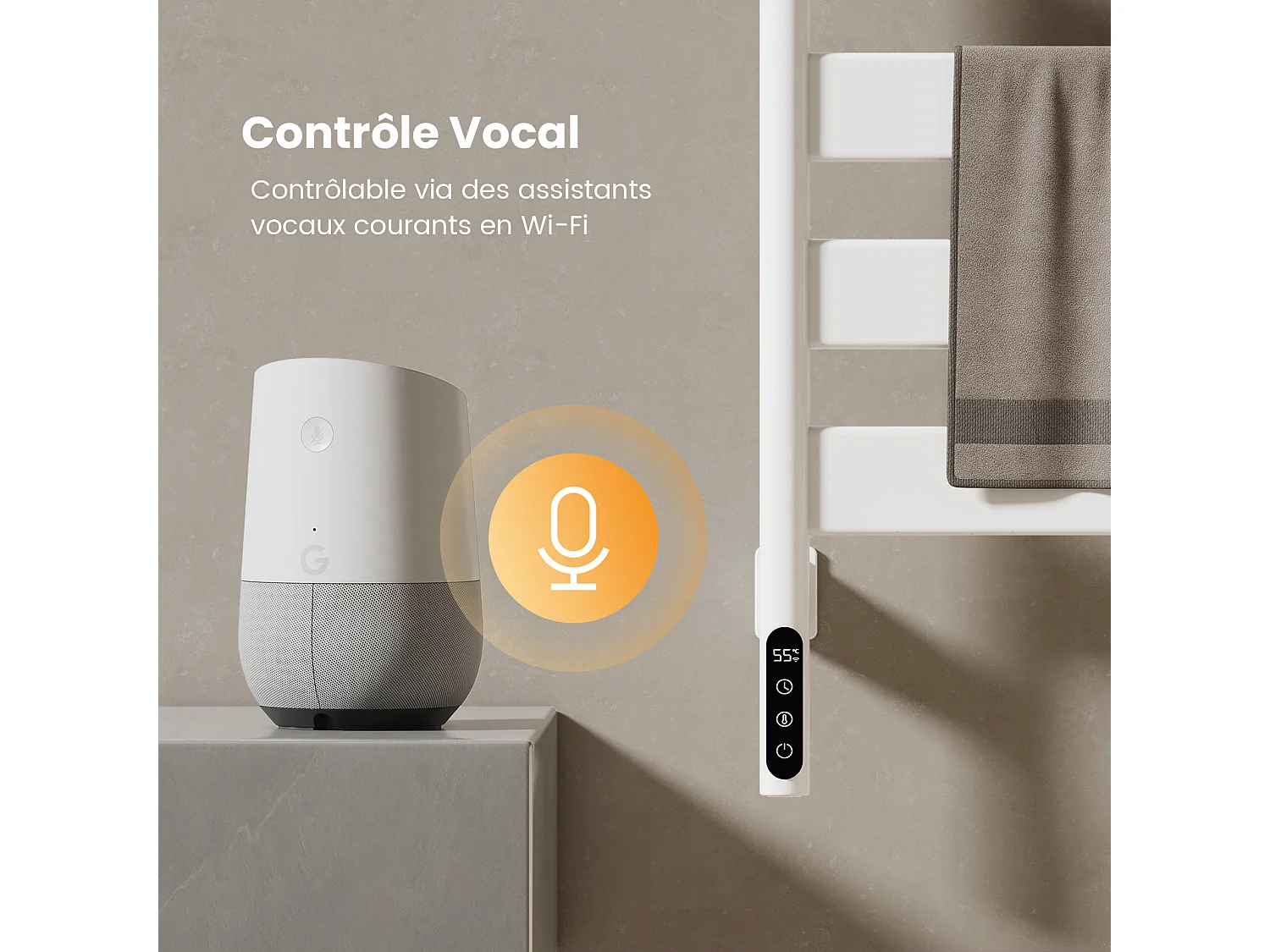 EMKE Sèche-serviettes électrique, acier inoxydable thermostat WiFi pivotant H.76 x L.45 cm, Blanc