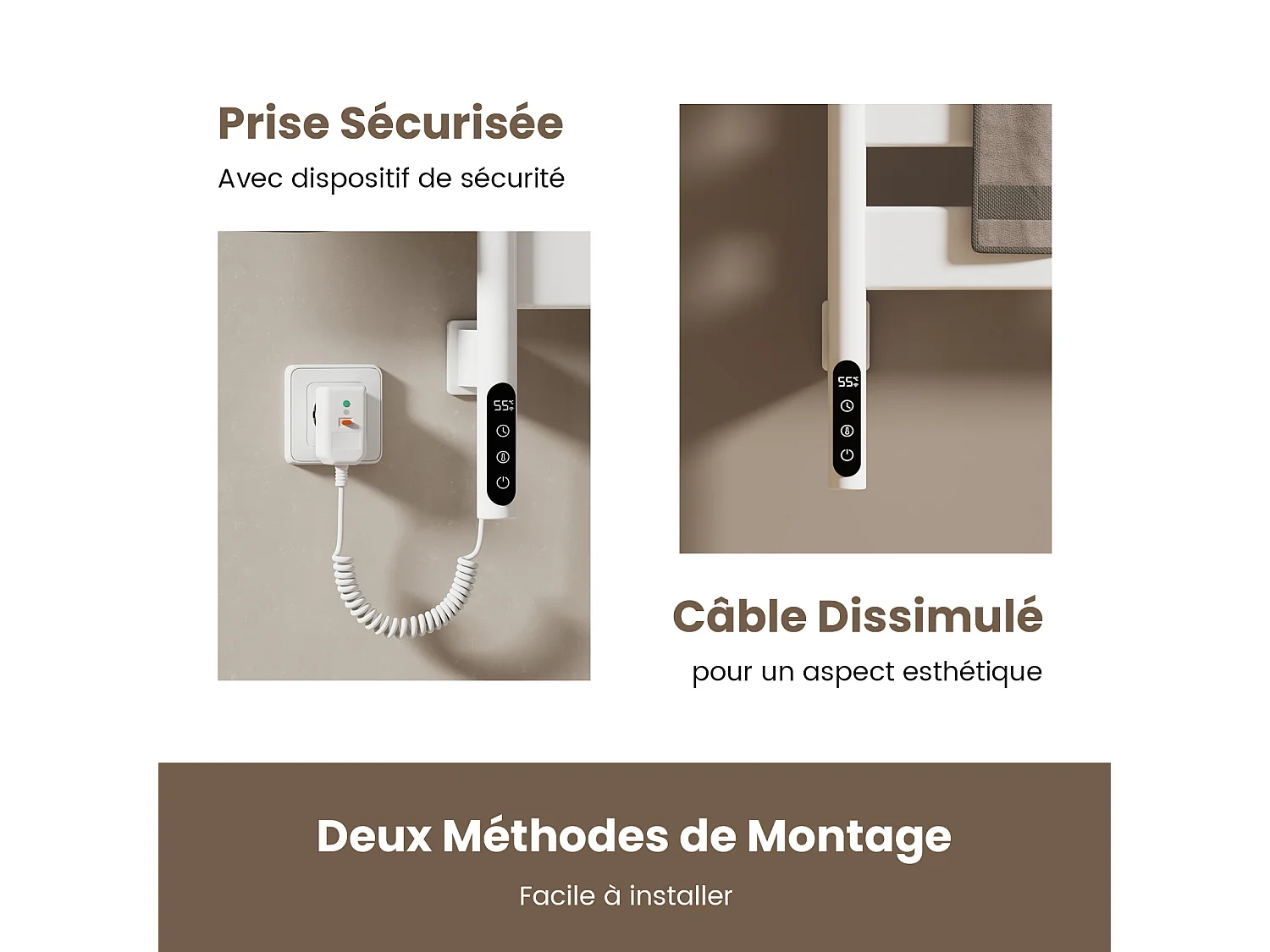 EMKE Sèche-serviettes électrique, acier inoxydable thermostat WiFi pivotant H.76 x L.45 cm, Blanc