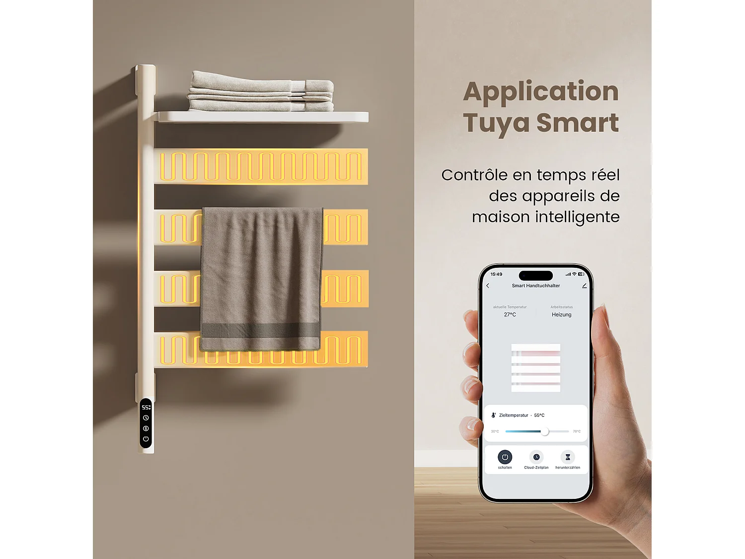 EMKE Sèche-serviettes électrique, acier inoxydable thermostat WiFi pivotant H.76 x L.45 cm, Blanc