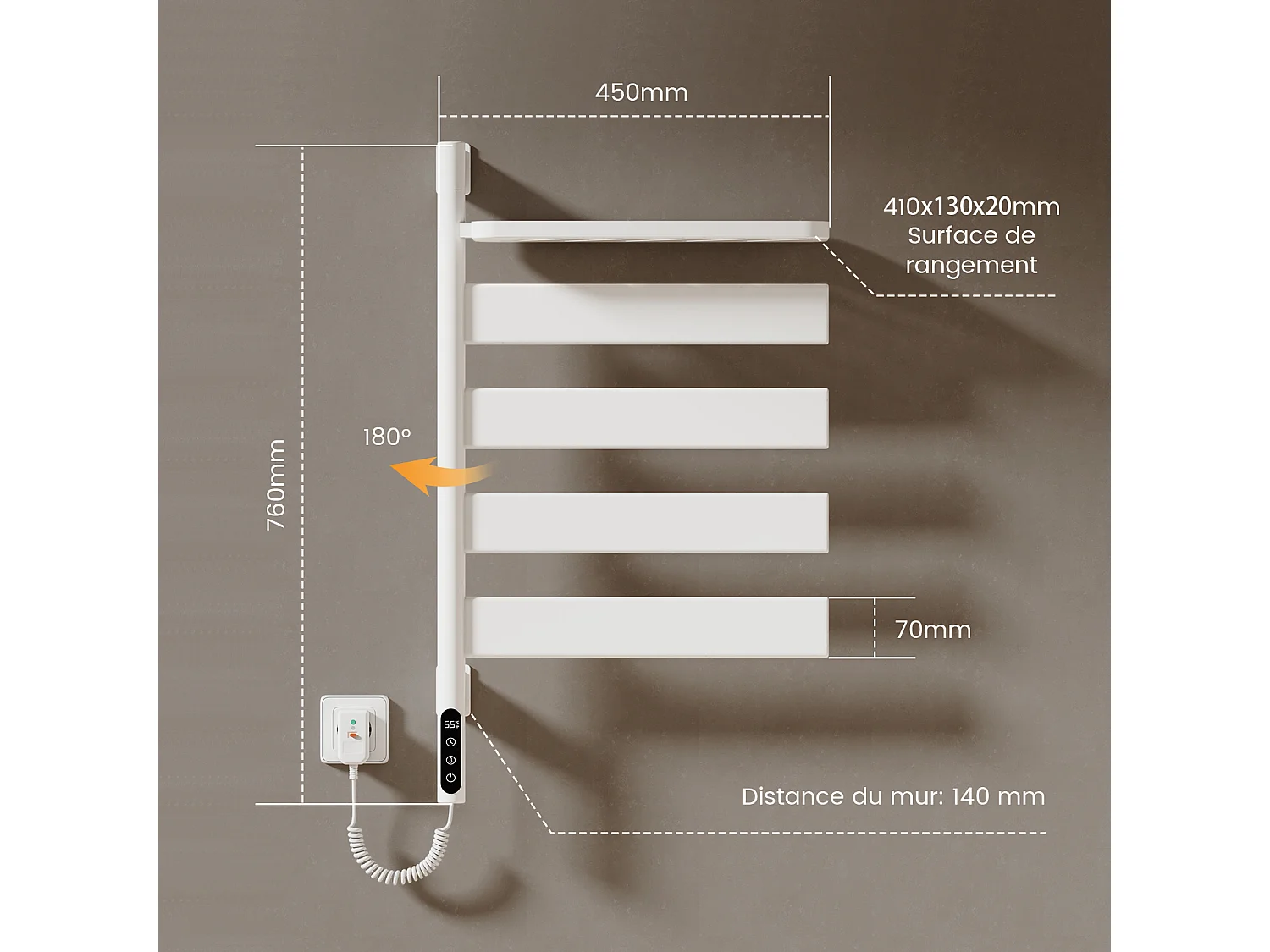 EMKE Sèche-serviettes électrique, acier inoxydable thermostat WiFi pivotant H.76 x L.45 cm, Blanc