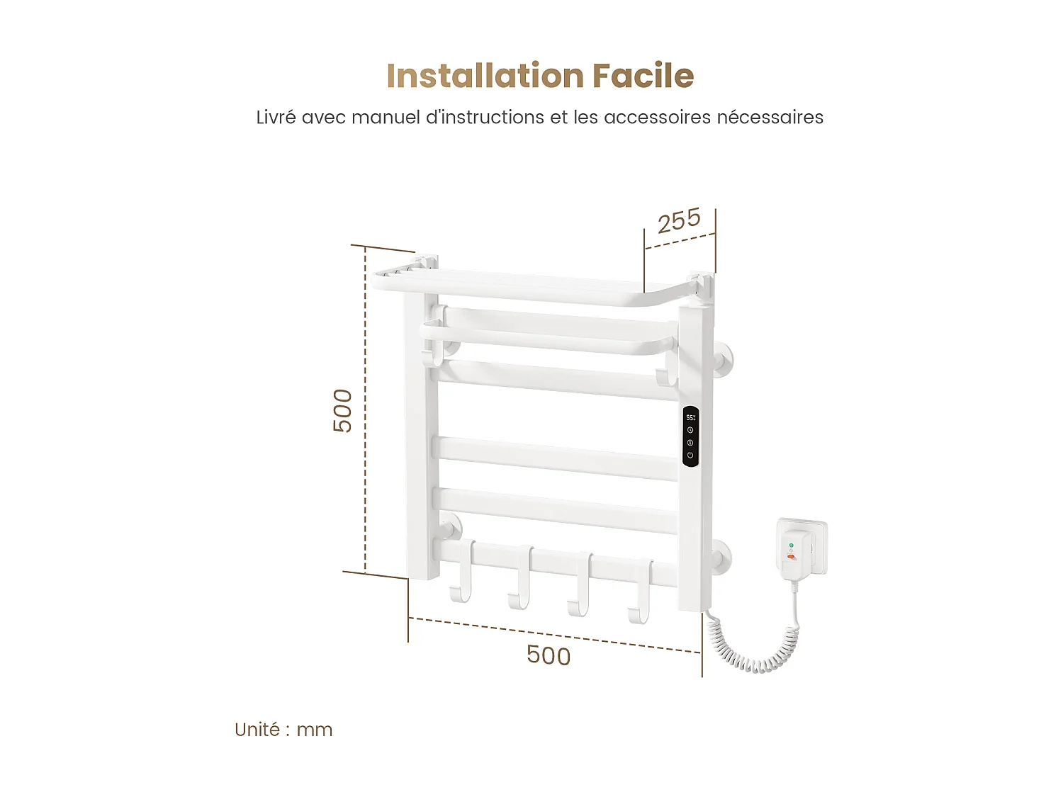 EMKE Chauffe-serviettes Électrique 50×50cm, Thermostat Intelligent WiFi, Radiateur de Salle de Bain Électrique, Chauffe-serviettes Électrique, Blanc