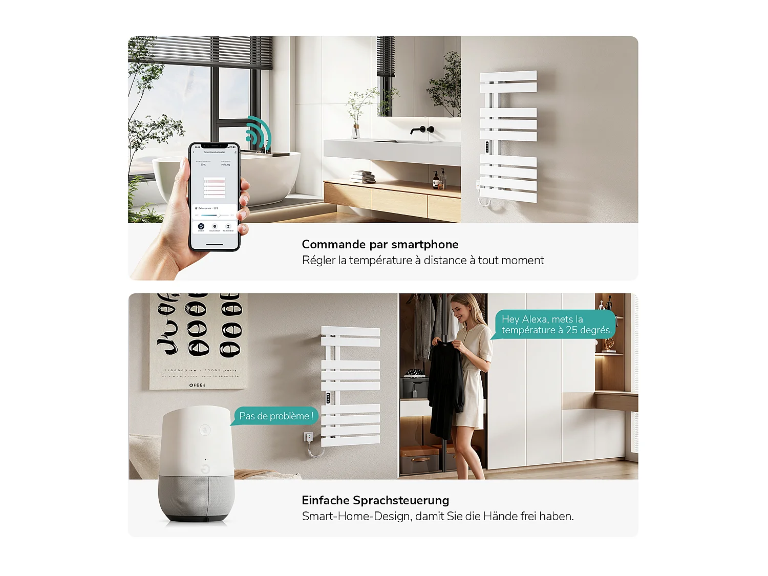 EMKE Sèche-serviettes Électrique Salle de Bain WiFi 1000x500 mm 320W, Blanc, Chauffe-serviettes Électrique