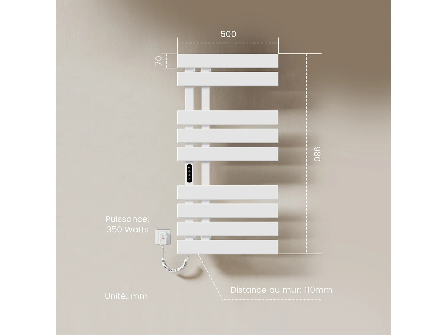 EMKE Sèche-serviettes Électrique Salle de Bain WiFi 1000x500 mm 320W, Blanc, Chauffe-serviettes Électrique