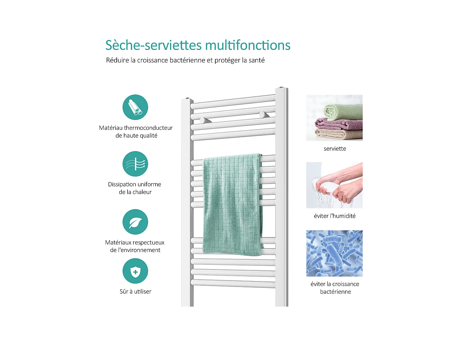 EMKE Sèche-serviette eau chaude, Radiateur sèche-serviettes raccordement central Blanc 75x40cm 244Watts
