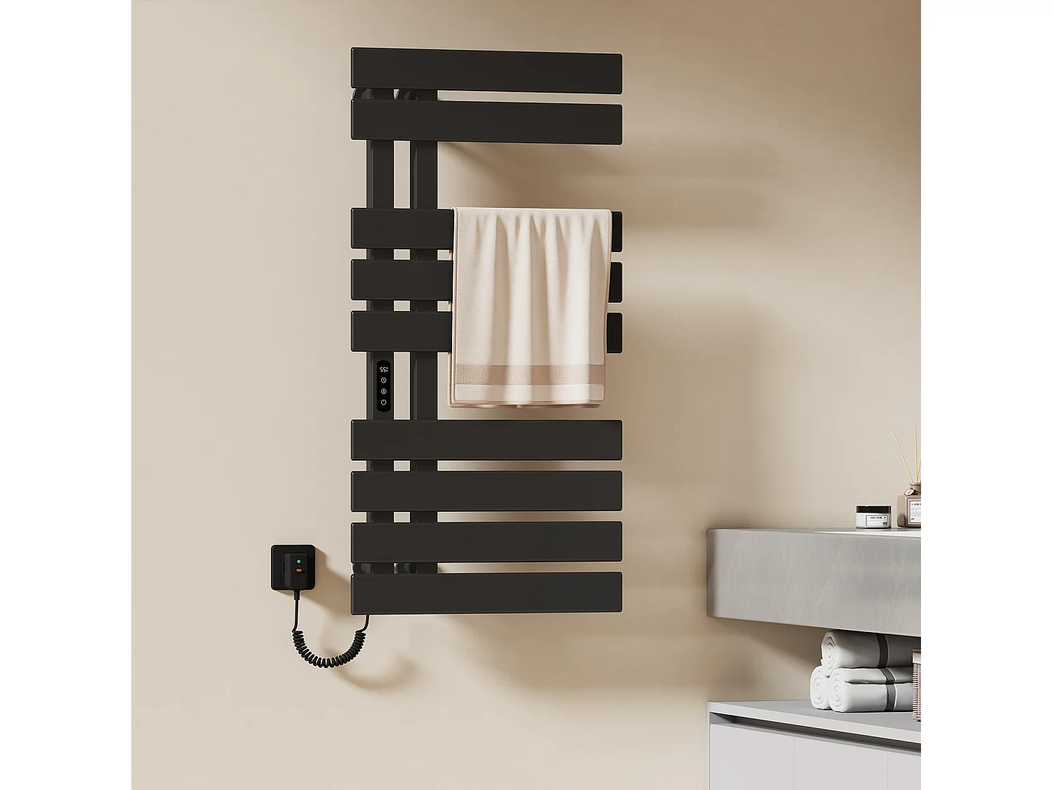 EMKE Elektrische Handdoekradiator 1000 x 500 mm, Zwart 350W, Badkamer Wandmontage