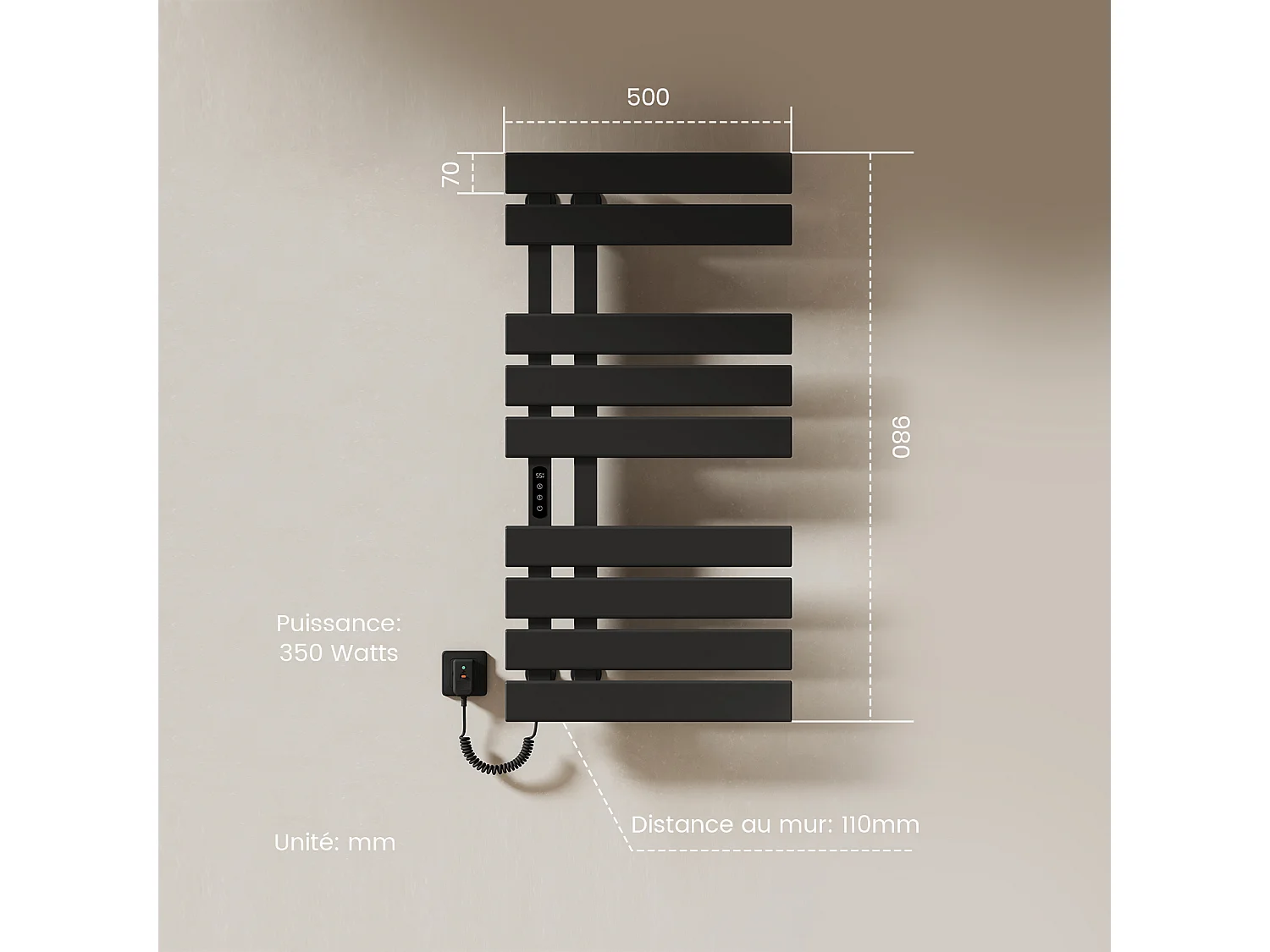 EMKE Elektrische Handdoekradiator 1000 x 500 mm, Zwart 350W, Badkamer Wandmontage