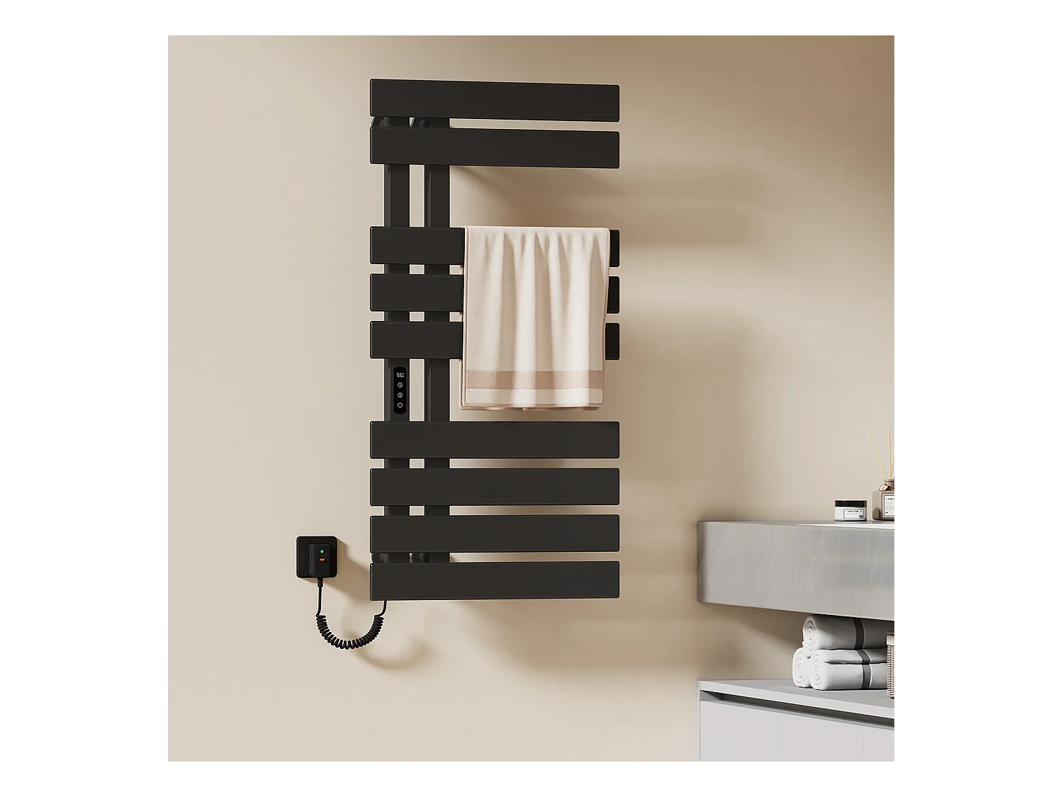 EMKE Sèche-Serviettes Électrique de salle de bain 1000 x 500 mm, Porte-serviettes chauffant électrique, Noir 350W,Chauffe-serviettes Électrique