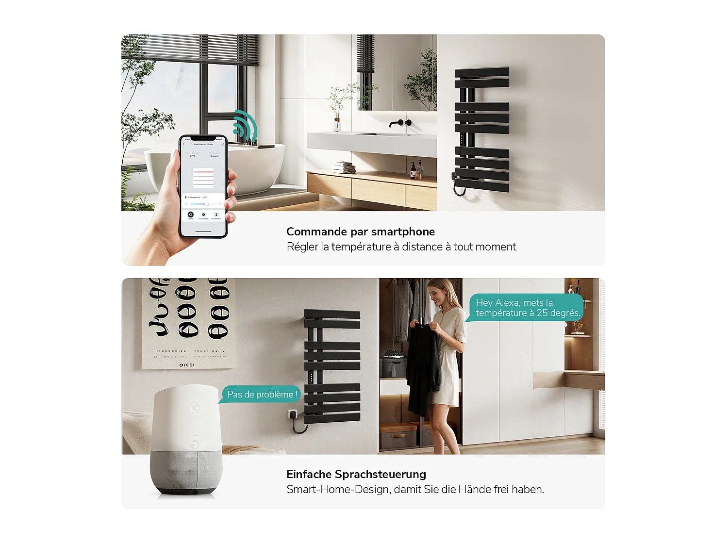 EMKE Sèche-serviettes Électrique Salle de Bain WiFi 1000x500 mm 320W, Noir, Chauffe-serviettes Électrique