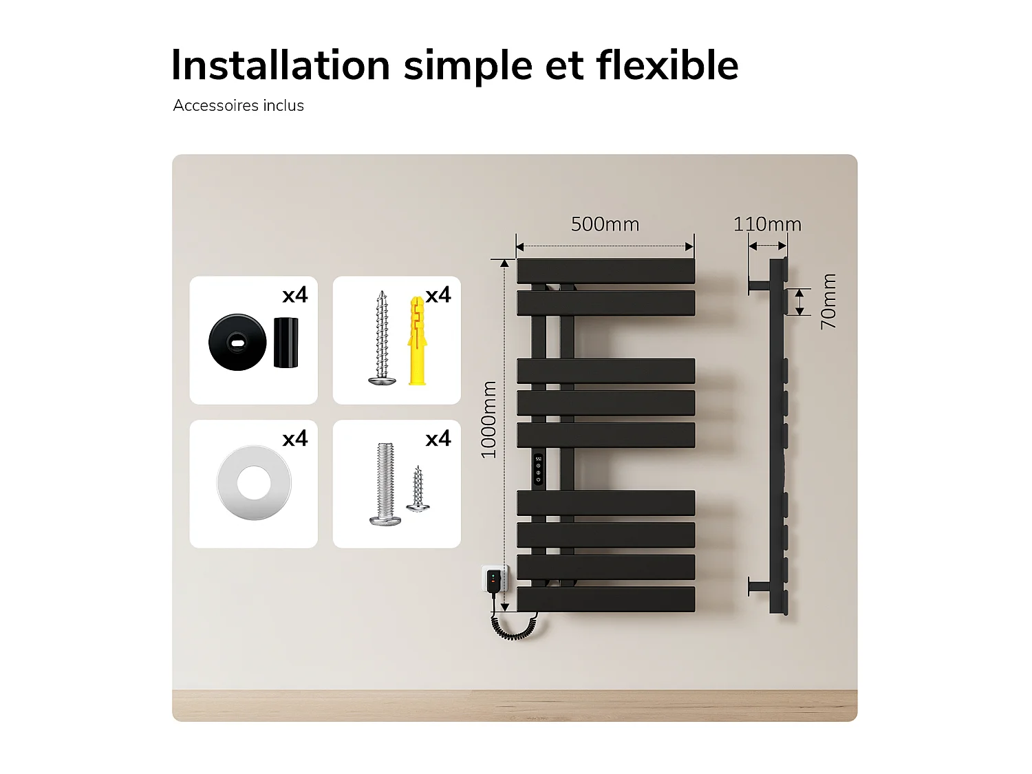 EMKE Sèche-serviettes Électrique Salle de Bain WiFi 1000x500 mm 320W, Noir, Chauffe-serviettes Électrique