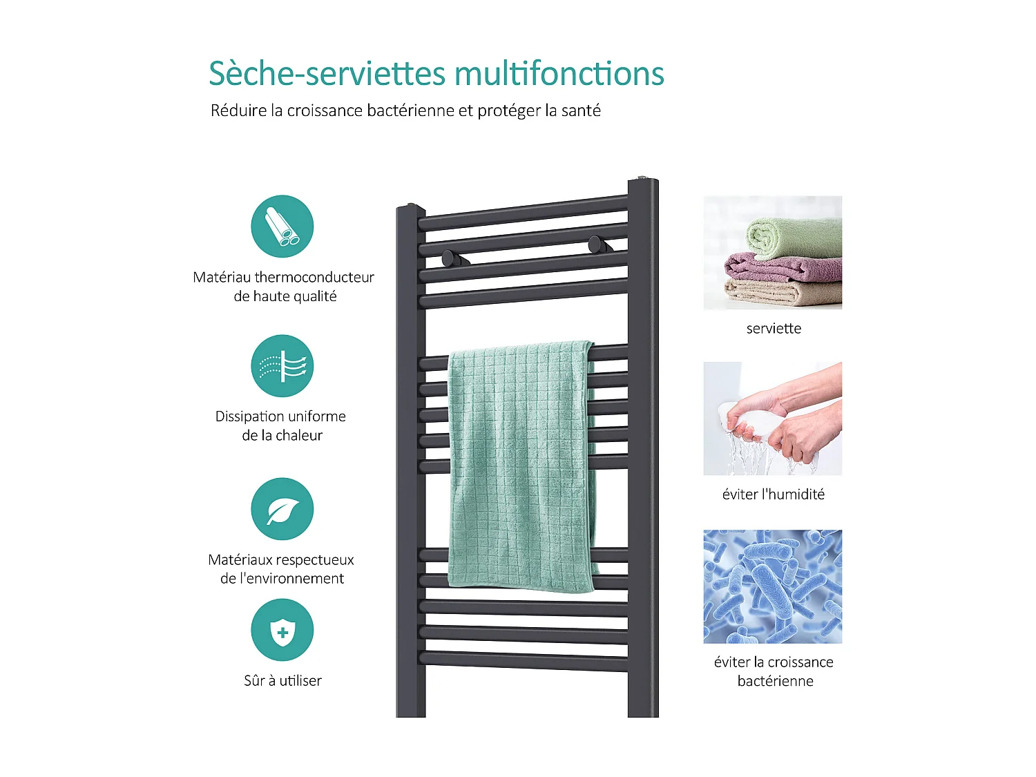 EMKE Sèche-serviette eau chaude, Radiateur sèche-serviettes raccordement central Anthracite 75x50cm 291Watts