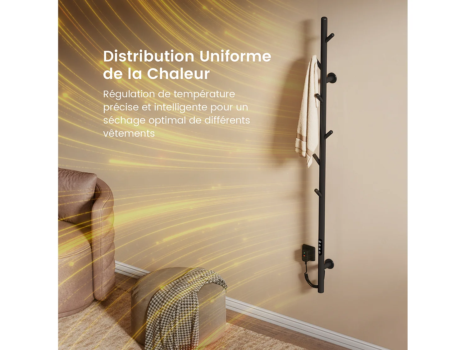 EMKE Elektrische Handdoekradiator, Slimme WiFi-thermostaat, Elektrische handdoekdroger, Enkele stang, 150 cm hoog, Zwart