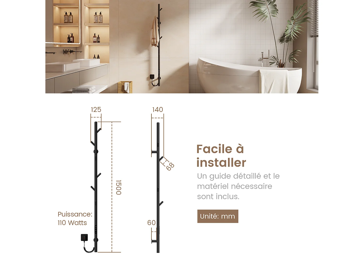 EMKE Elektrische Handdoekradiator, Slimme WiFi-thermostaat, Elektrische handdoekdroger, Enkele stang, 150 cm hoog, Zwart