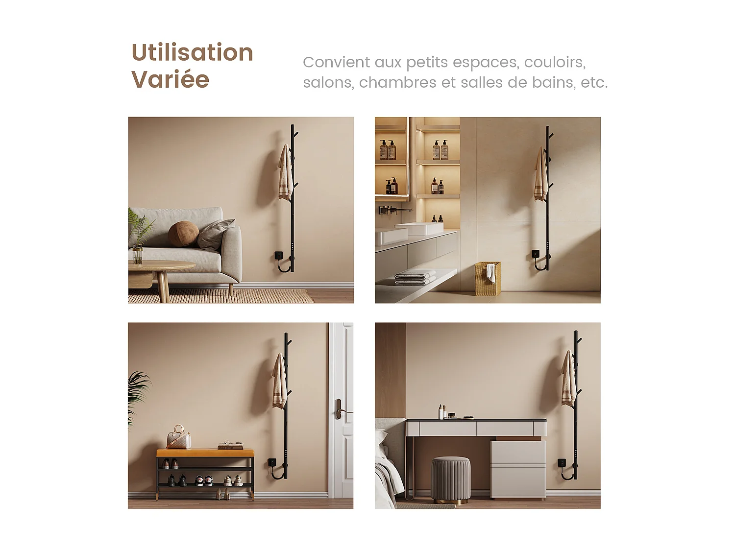 EMKE Chauffe-serviettes Électrique, thermostat intelligent WiFi, sèche-serviettes électrique, barre unique, 150 cm de hauteur, Noir