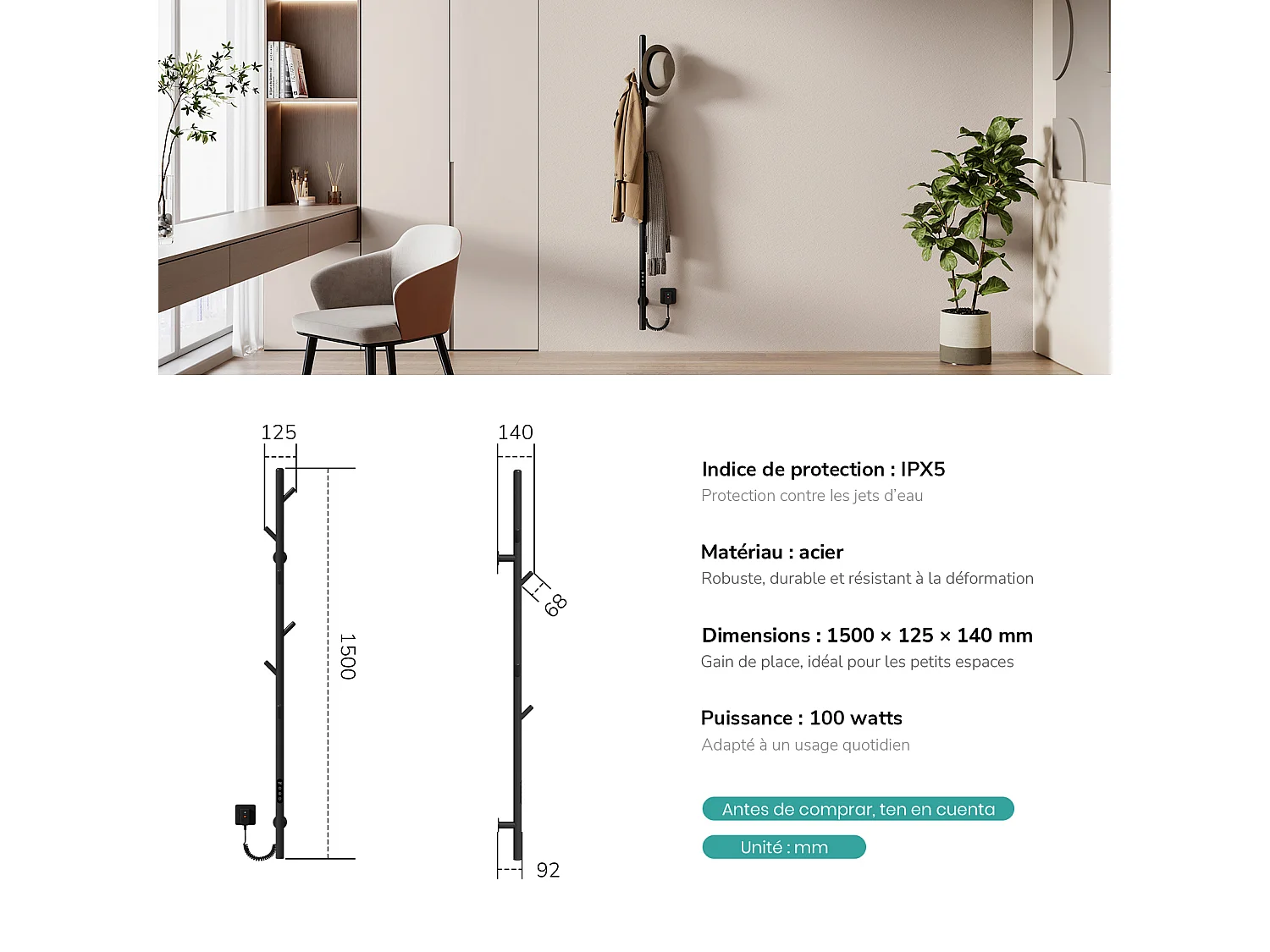 EMKE Chauffe-serviettes Électrique, thermostat intelligent WiFi, sèche-serviettes électrique, barre unique, 150 cm de hauteur, Noir