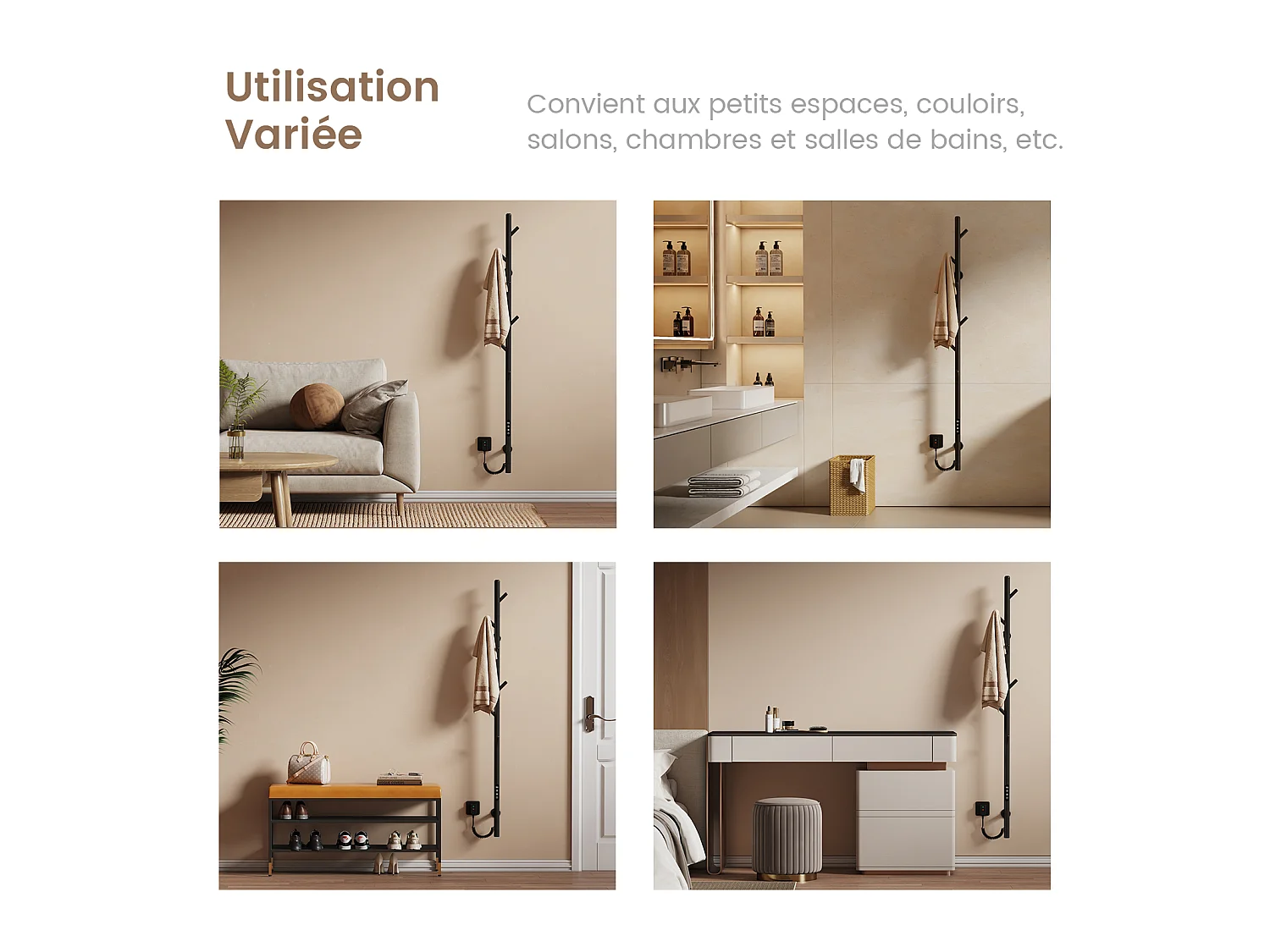EMKE Chauffe-serviettes Électrique, thermostat intelligent WiFi, sèche-serviettes électrique, barre unique, 150 cm de hauteur, Noir