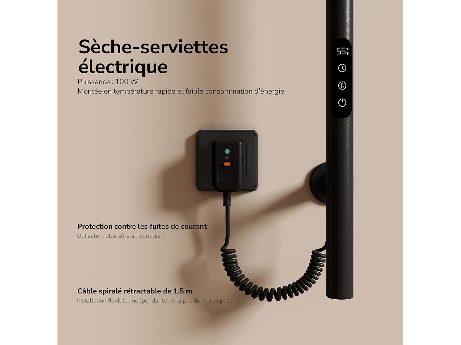 EMKE Chauffe-serviettes Électrique, thermostat intelligent WiFi, sèche-serviettes électrique, barre unique, 150 cm de hauteur, Noir