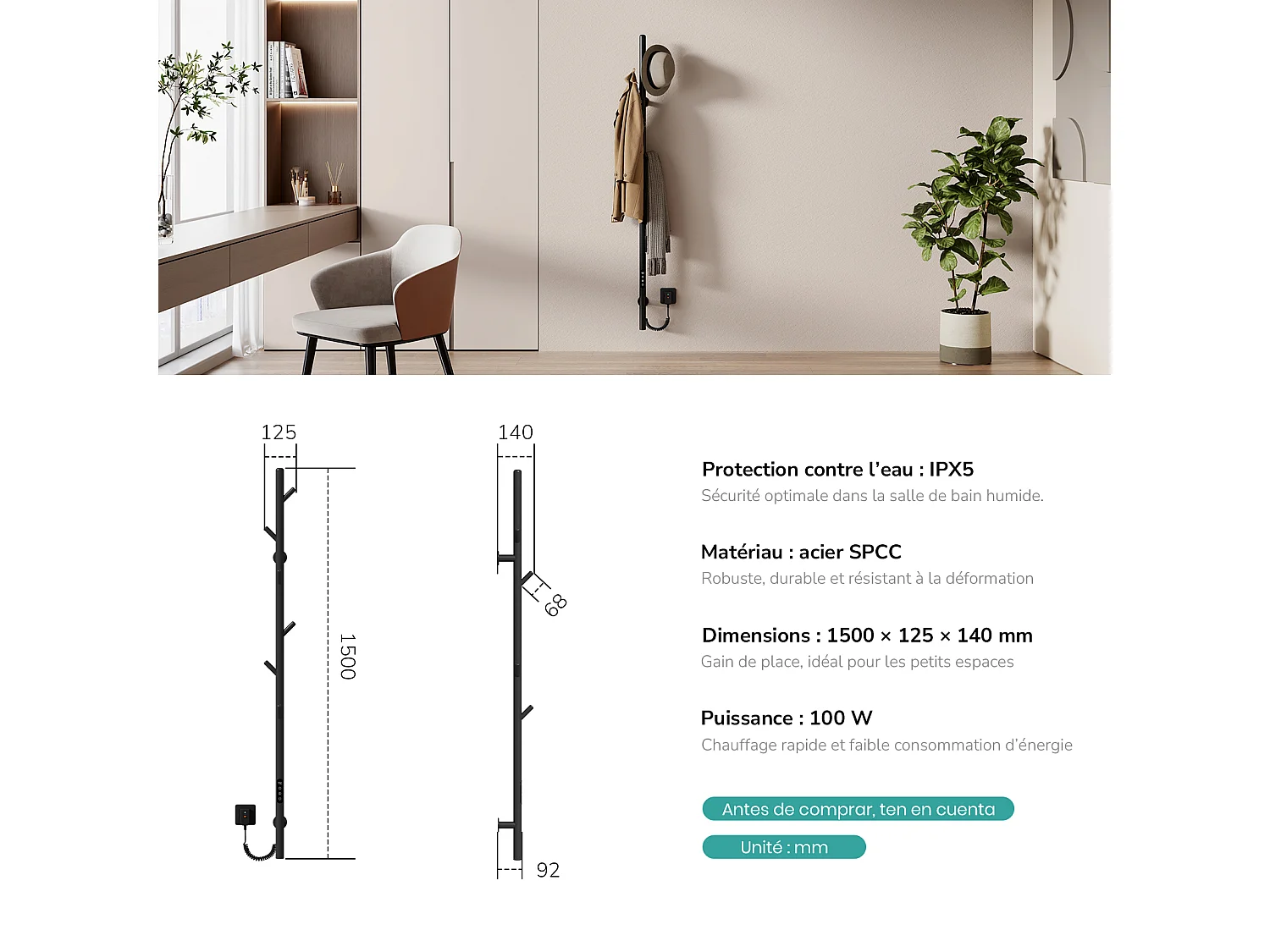 EMKE Chauffe-serviettes Électrique, thermostat intelligent WiFi, sèche-serviettes électrique, barre unique, 150 cm de hauteur, Noir