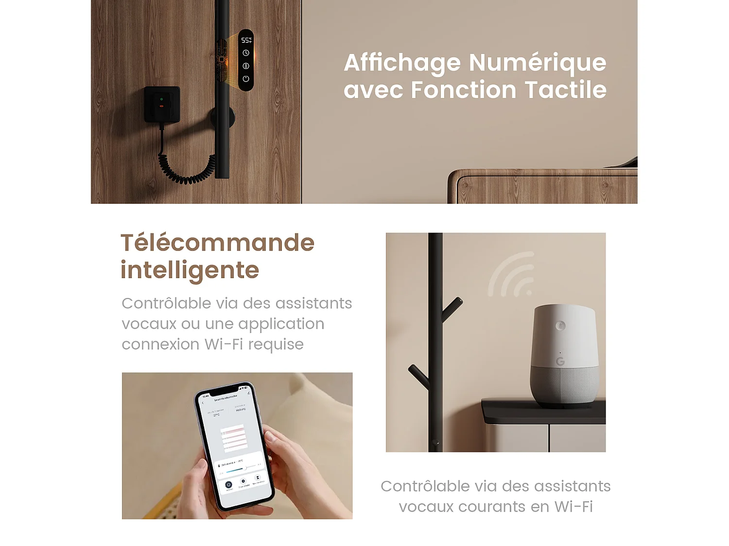 EMKE Chauffe-serviettes Électrique, thermostat intelligent WiFi, sèche-serviettes électrique, barre unique, 150 cm de hauteur, Noir