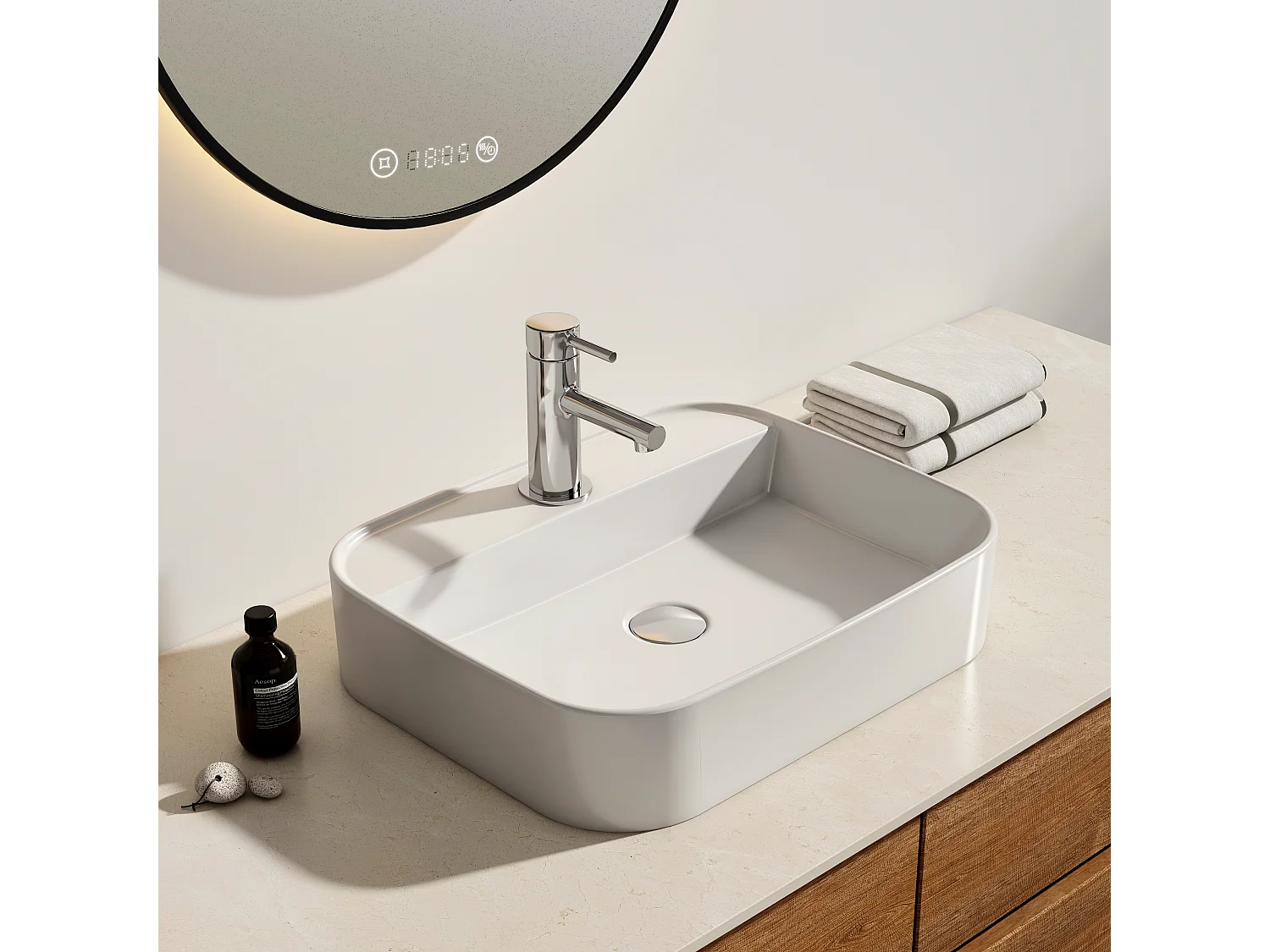 EMKE Vasque à Poser en céramique 50×40×11cm, Lavabo rectangulaire avec robinet trou prépercé, Lavabo à poser blanc brillant