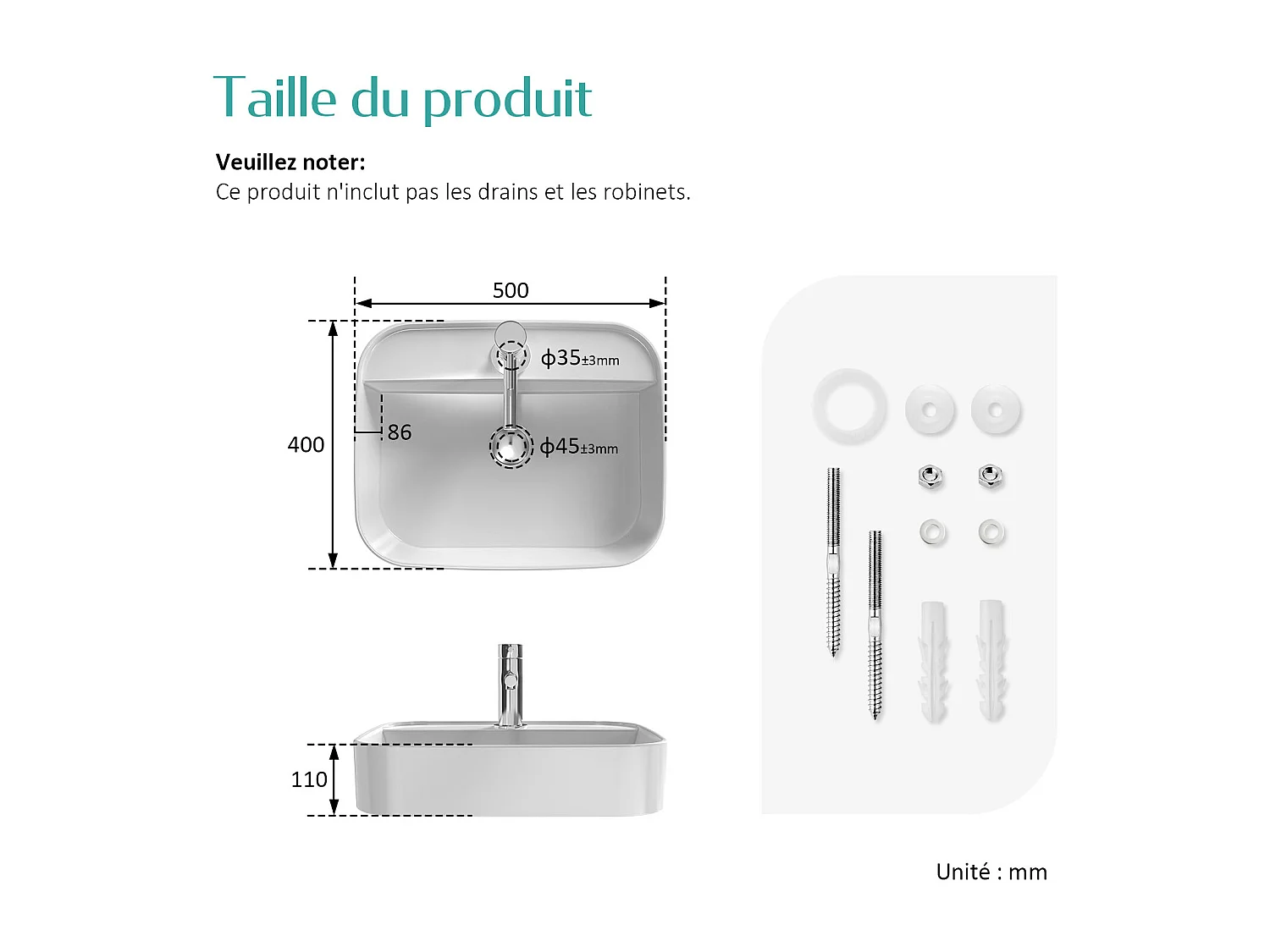 EMKE Vasque à Poser en céramique 50×40×11cm, Lavabo rectangulaire avec robinet trou prépercé, Lavabo à poser blanc brillant