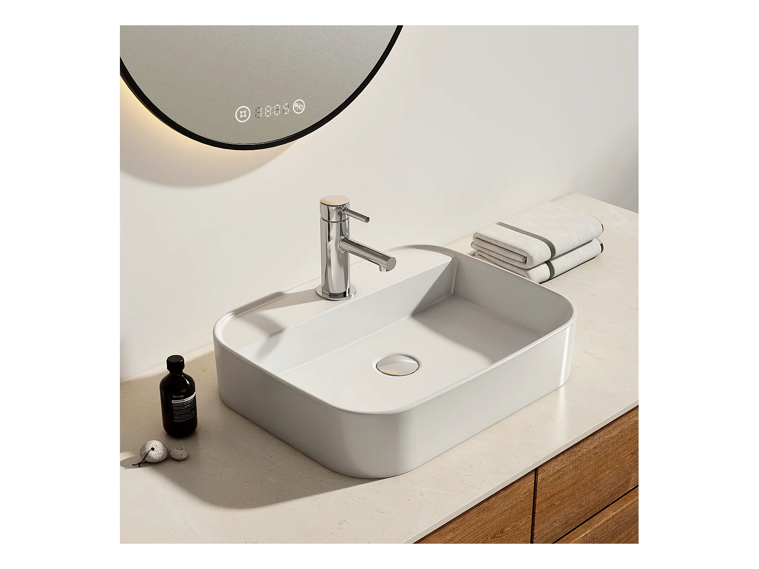 EMKE Vasque à Poser en céramique 50×40×11cm, Lavabo rectangulaire avec robinet trou prépercé, Lavabo à poser blanc brillant