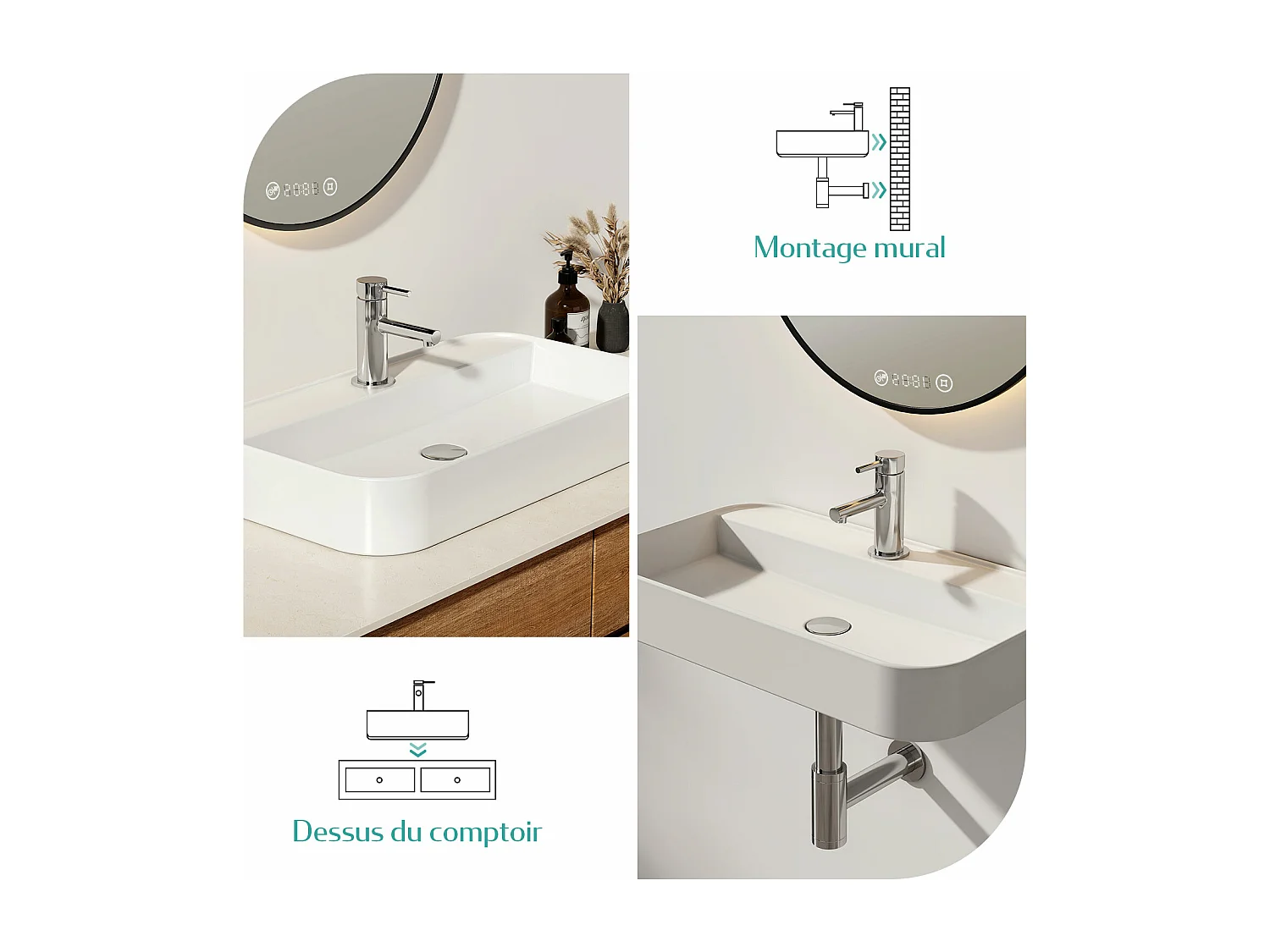 EMKE Vasque à Poser en céramique 50×40×11cm, Lavabo rectangulaire avec robinet trou prépercé, Lavabo à poser blanc brillant