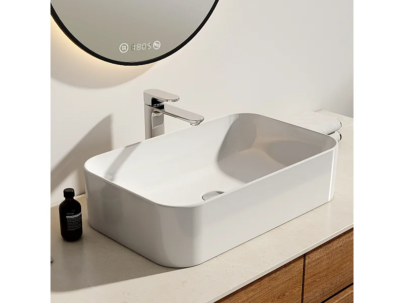 EMKE Lavabo a appoggio in ceramica 61×38×15 cm, lavabo da bagno rettangolare, Lavabo design bianco lucido
