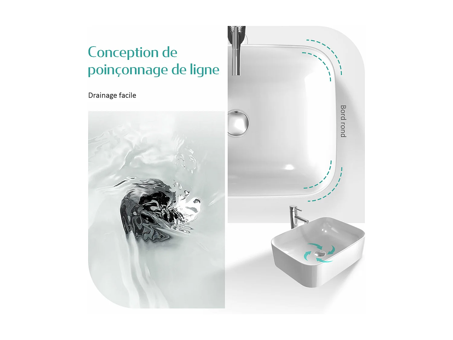 EMKE Vasque à poser céramique 61×38×15cm, Lavabo salle de bain rectangulaire, Lavabo en céramique blanc brillant