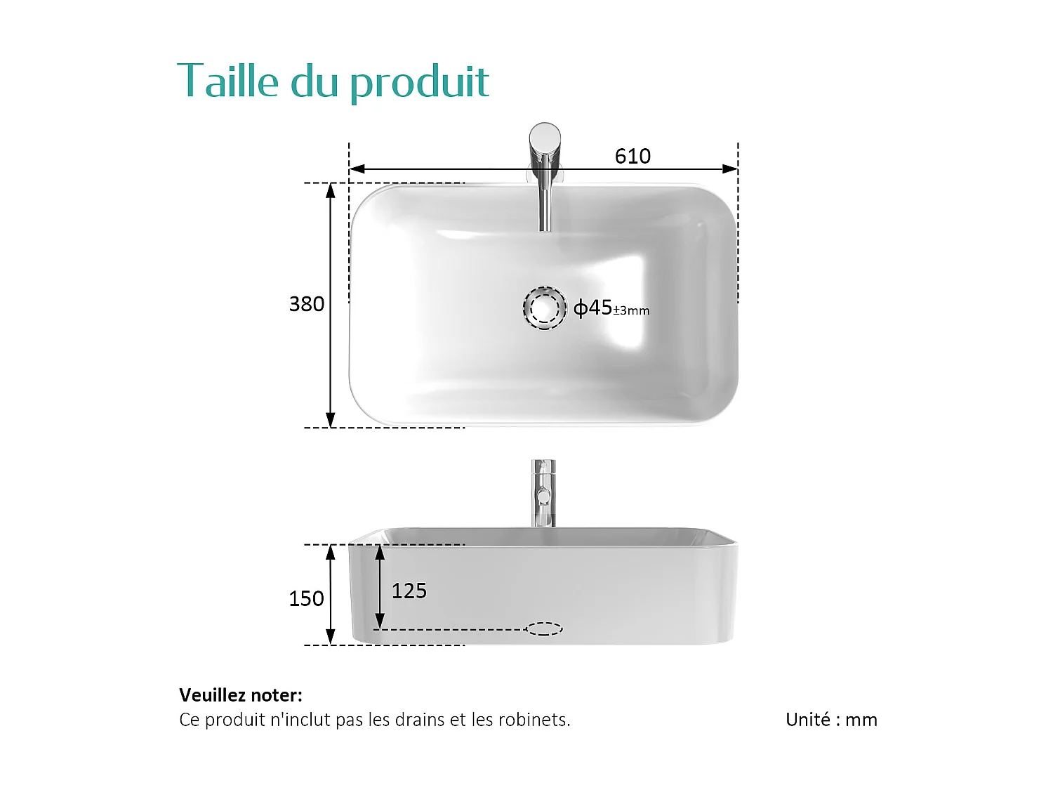 EMKE Vasque à poser céramique 61×38×15cm, Lavabo salle de bain rectangulaire, Lavabo en céramique blanc brillant
