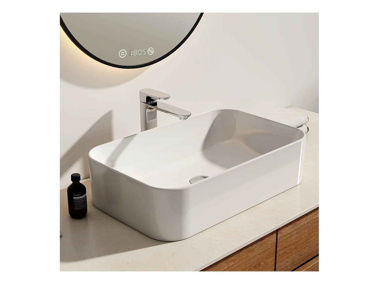 EMKE Vasque à poser céramique 61×38×15cm, Lavabo salle de bain rectangulaire, Lavabo en céramique blanc brillant