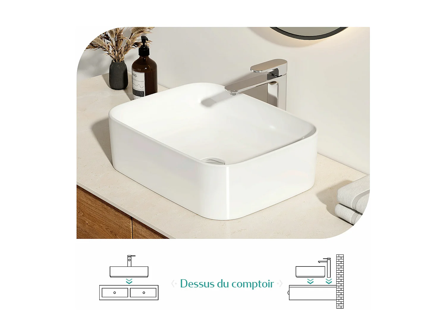 EMKE Vasque à poser céramique 61×38×15cm, Lavabo salle de bain rectangulaire, Lavabo en céramique blanc brillant
