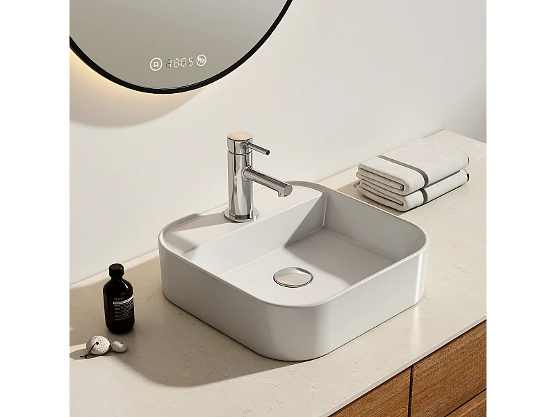 EMKE Vasque à Poser en céramique 40×40×11cm, Lavabo Carré avec robinet trou prépercé, Lavabo à poser blanc brillant