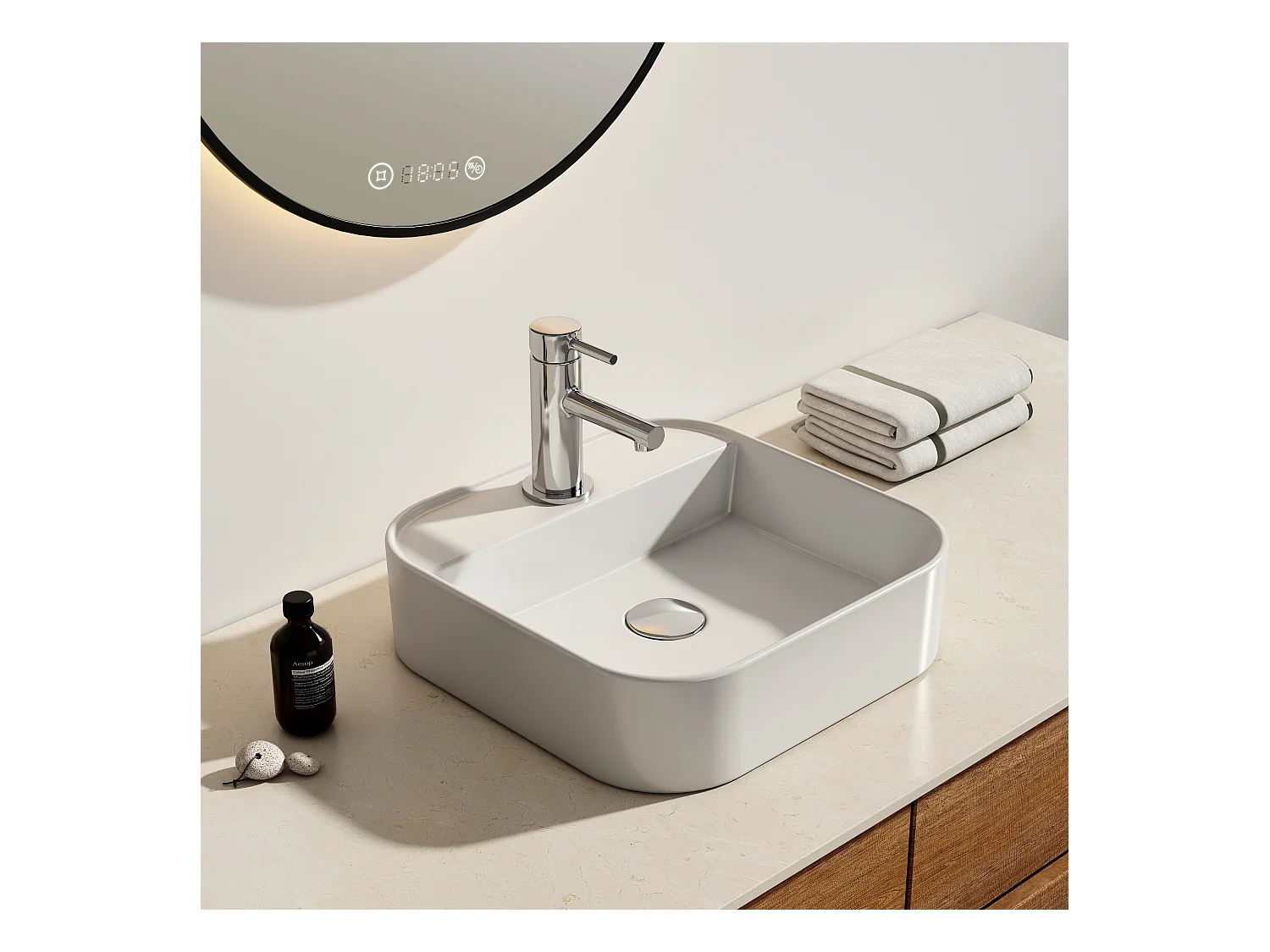 EMKE Vasque à Poser en céramique 40×40×11cm, Lavabo Carré avec robinet trou prépercé, Lavabo à poser blanc brillant