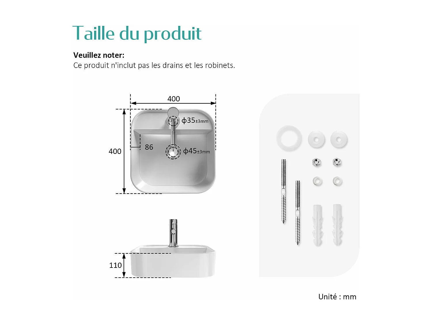 EMKE Vasque à Poser en céramique 40×40×11cm, Lavabo Carré avec robinet trou prépercé, Lavabo à poser blanc brillant