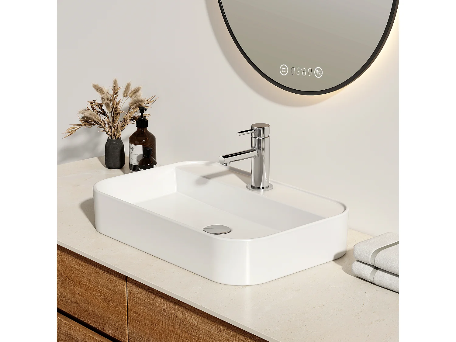 EMKE Vasque à Poser en céramique 60×40×11cm, Lavabo rectangulaire avec robinet trou prépercé, Lavabo à poser blanc brillant