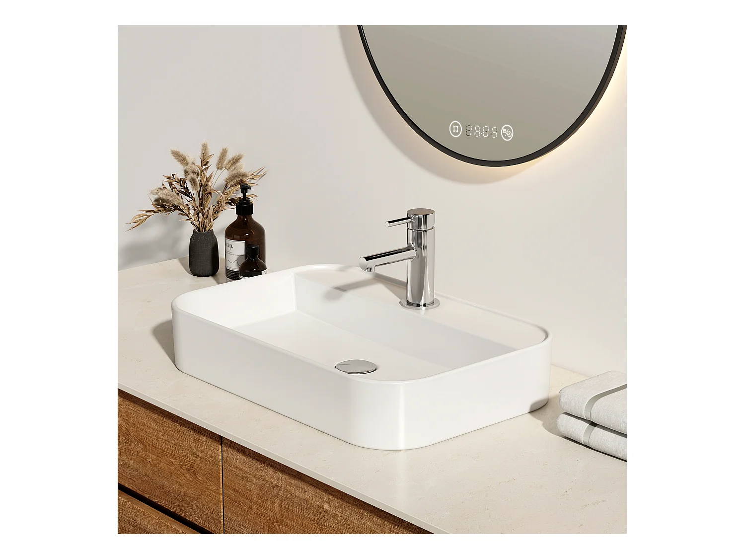 EMKE Vasque à Poser en céramique 60×40×11cm, Lavabo rectangulaire avec robinet trou prépercé, Lavabo à poser blanc brillant