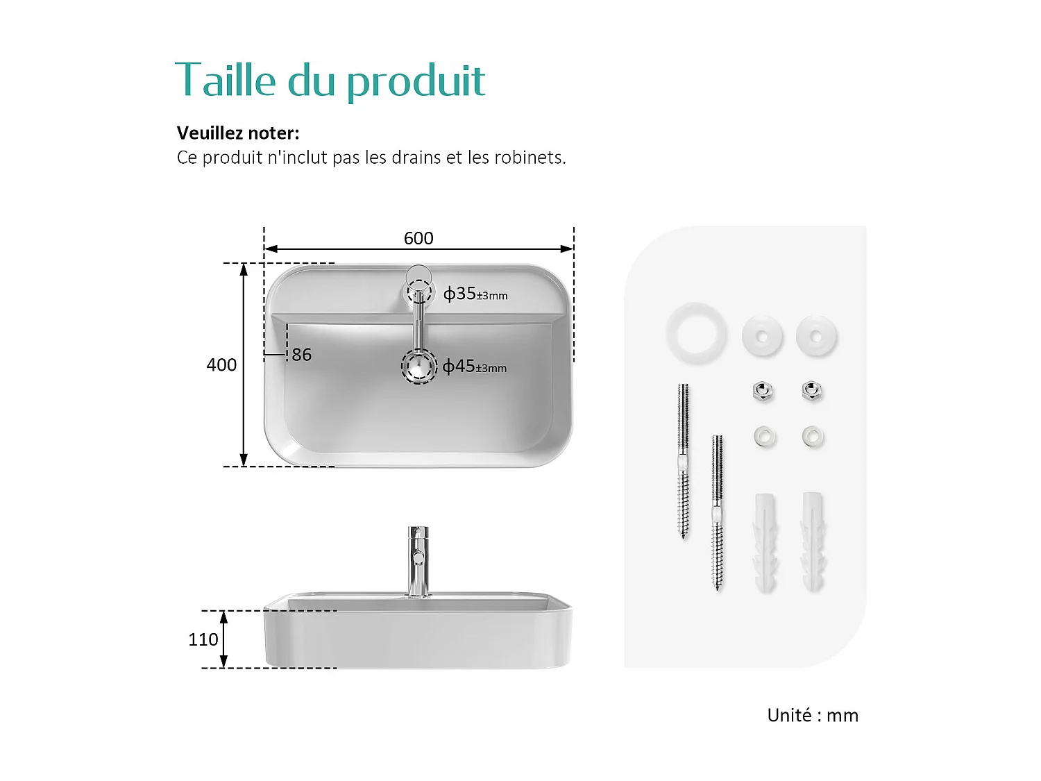 EMKE Vasque à Poser en céramique 60×40×11cm, Lavabo rectangulaire avec robinet trou prépercé, Lavabo à poser blanc brillant