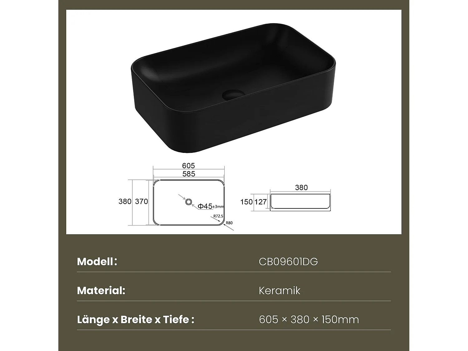 EMKE Vasque à Poser 610 x 380 x 150 mm, Lavabo Rectangulaire en Céramique pour Salle de Bain, Coins Arrondis R, Gris Foncé Mat