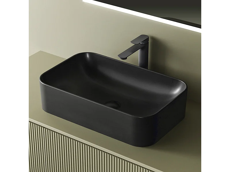 EMKE Vasque à Poser 610 x 380 x 150 mm, Lavabo Rectangulaire en Céramique pour Salle de Bain, Coins Arrondis R, Gris Foncé Mat